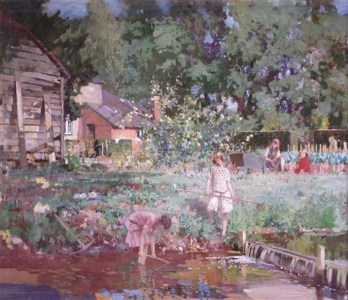 Children play in a stream in a painting by Fred Appleyard