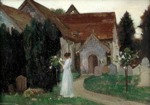 Painting of a lady in a white dress stands outside a Hampshire church