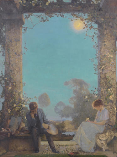 A painting of a young couple sitting under an arbour in the moonlight