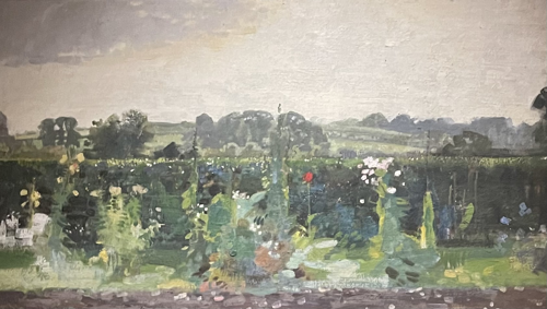 A painting of a landscape filled with flowers