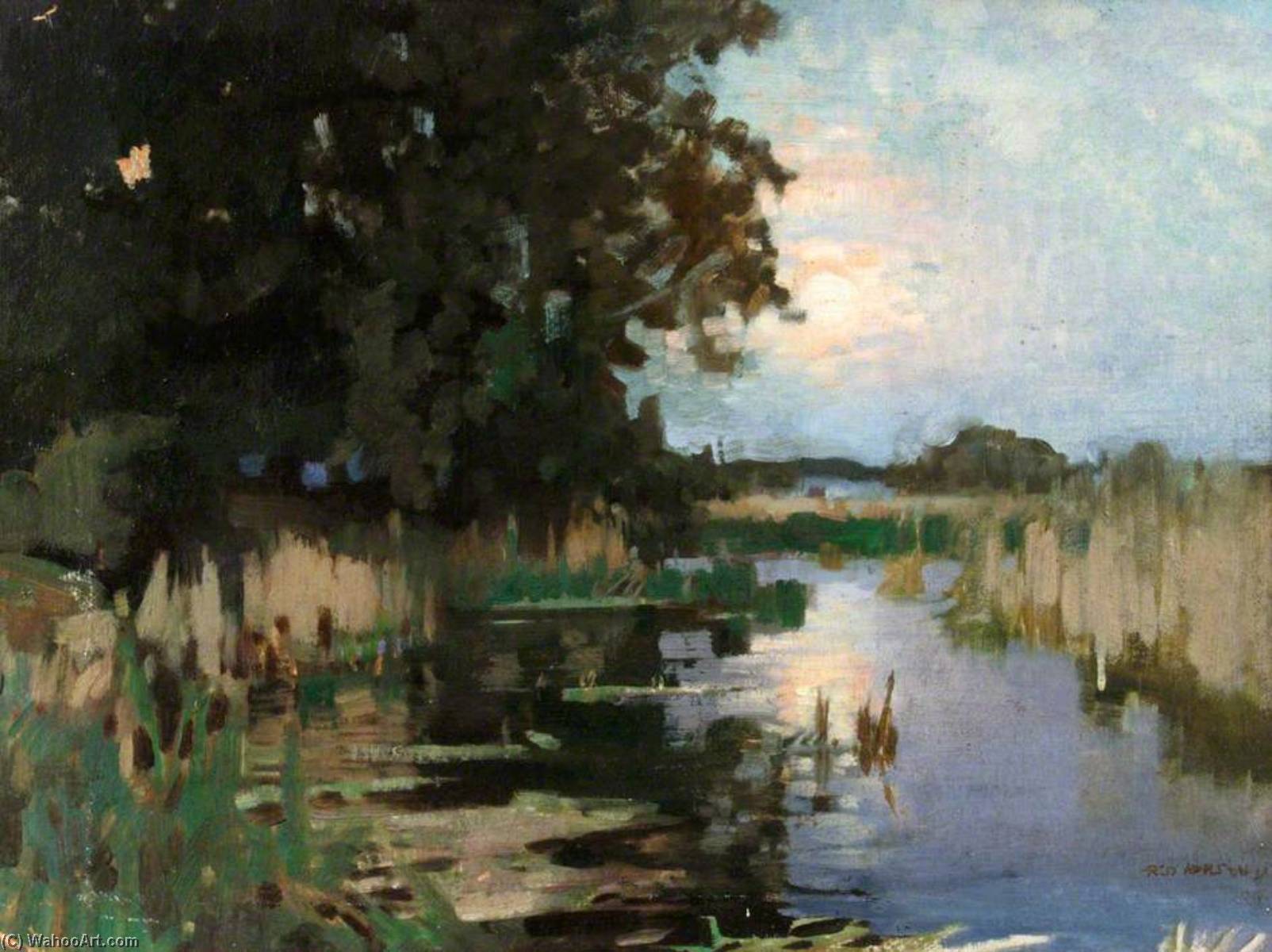 Moonrise over the River Itchen painting by Fred Appleyard