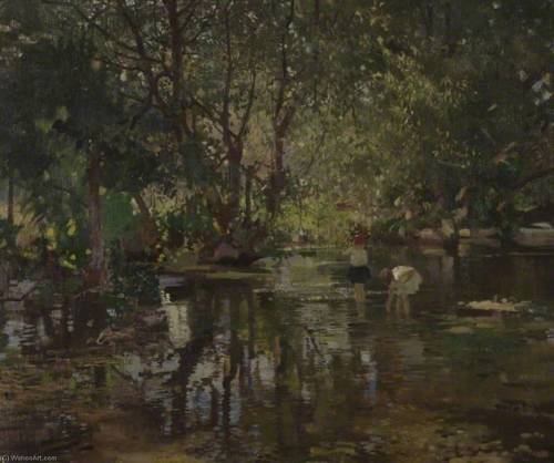 A painting of a river with children playing